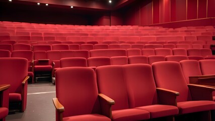 Obraz premium Vibrant crimson, vacant seats in the theater aisle