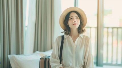 Young Asian traveler woman with luggage and straw hat in hotel room after check-in. Travel and summer holiday concept. Copy space 