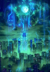 Futuristic Smart Cyber City illustration: Innovative Urban Landscape in Digital Circuitry, futuristic technology concept, Graphic Resources, Wallpapers, Brochure, Websites, banner design, Advertising,
