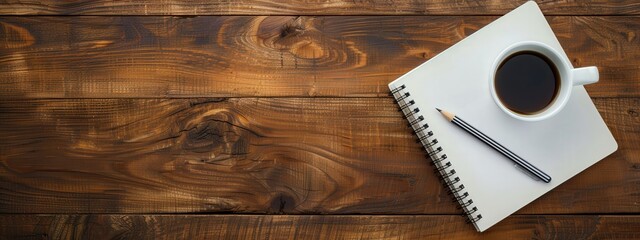 A wooden table with a white notebook and a coffee cup on it. The notebook is open to a page with a pencil on it. The scene suggests a moment of relaxation or contemplation
