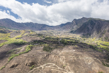 Panoramic view of the Suopo village in Danba, SIchuan China on hill slopes with ancient towers to protect themselves from threats.
