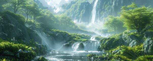A fantasy valley where the rivers flow with liquid light and the rocks emit a gentle hum