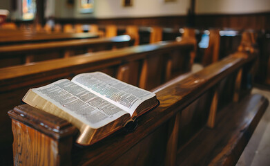 Bible on a wooden church pew in an empty church 