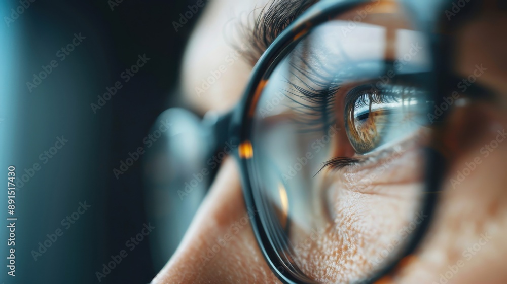 Poster a close-up side view of an eye with glasses, reflecting light. the image emphasizes the connection b