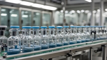 Pharmaceutical machinery operating on a production line for glass bottles, with medical vials on display at a pharmaceutical plant