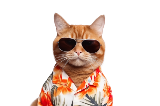 Portrait of cool orange cat wearing silver frame pilot sunglasses and orange hawaii shirt on transparent background