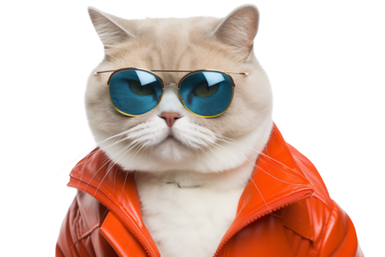 British shorthair light fur cat portrait dressed in red jacket wearing gold frame blue shade sunglasses on PNG cutout transparent background