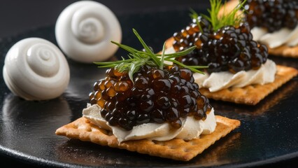 A close up of a cracker with cream cheese and caviar, AI