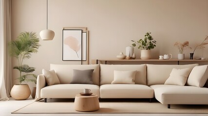 Fototapeta premium Japandi living room interior featuring a comfortable beige couch and a modern, minimalist apartment design