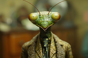 A mantis wearing a formal business suit in a quirky and creative anthropomorphic fantasy image suitable for business events and fashion statements.