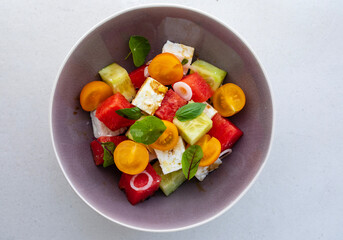 Summer salad with watermelon, cucumber and feta cheese