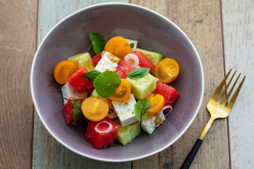 Summer salad with watermelon, cucumber and feta cheese