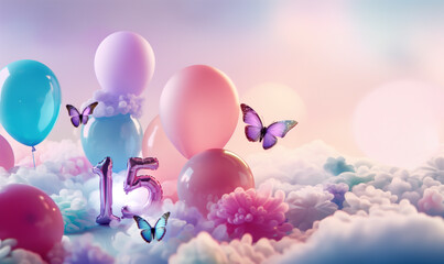 number 15 metallic balloons surrounded by fluffy multicolour clouds, balloons and butterflies, birthday concept, copy space