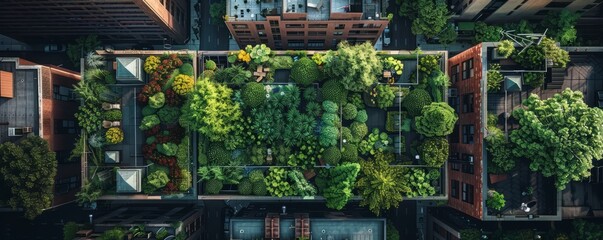 A bird's eye view of a city rooftop garden filled with plants.