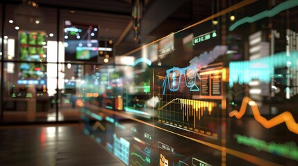 Futuristic Data Visualization Display in Modern Office