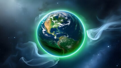Fototapeta premium Earth in space with glowing green aura and swirling mist around it.