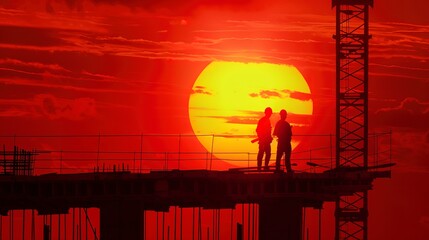 two foreman construction look crane with sunset view