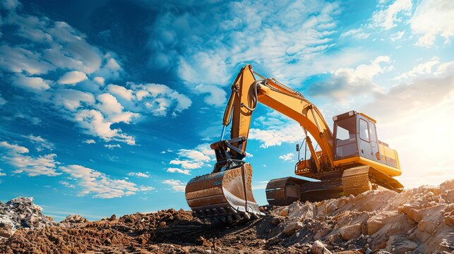 excavator blue sky heavy machine construction site. Creative Banner. Copyspace image