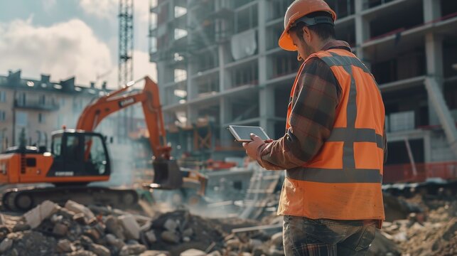 Man looking at tablet at construction site with excavator 