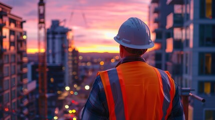 A construction supervisor in a reflective vest and hard hat observes the progress of a building site as evening falls