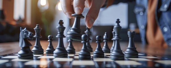 Hand moving a knight on a chessboard, sleek office background, high detail, photorealistic