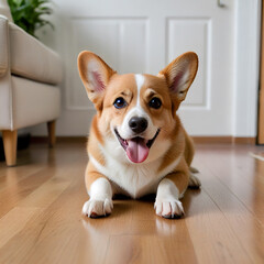Smiling Corgi Puppy Lying on Wooden Floor in Cozy Living Room Generative AI