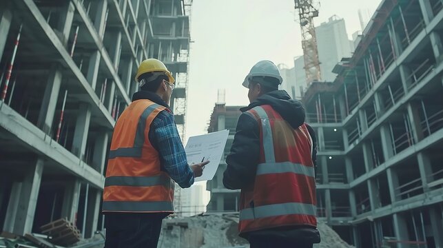 Professional engineers discussing about blueprints and effectivity at construction site