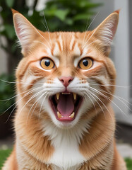 Yawning Ginger Tabby Cat with Open Mouth, Close-Up Shot, Outdoor Natural Lighting Generative AI