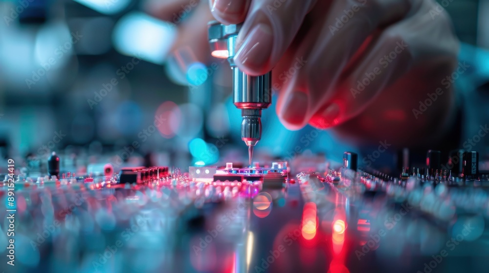 Poster close-up view of an intricate soldering process on an electronic circuit board with a focus on preci