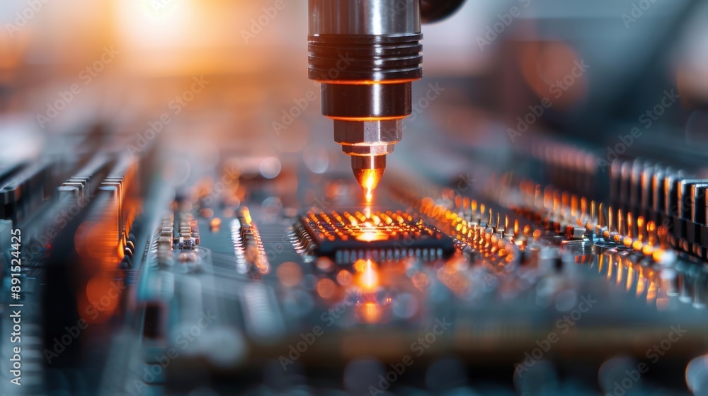 Poster a soldering tool meticulously working on an electronic board showing glowing details, symbolizing hi
