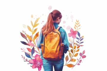 Obraz premium A girl wearing a yellow backpack is walking through a field of flowers. Concept of freedom and adventure, as the girl is exploring the outdoors with her backpack on. The bright colors of the flowers