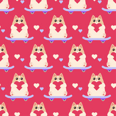 Seamless pattern with a cute cat riding a skateboard and holding a heart. Vector illustration in flat style on a background of hearts.