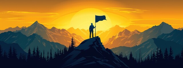 A man stands on a mountain top holding a flag. The flag is blue and white. The sky is orange and the mountains are in the background. Concept of accomplishment and pride