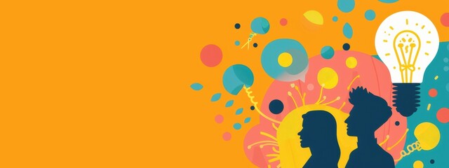 A colorful background with a light bulb and two silhouettes of people. Scene is creative and innovative