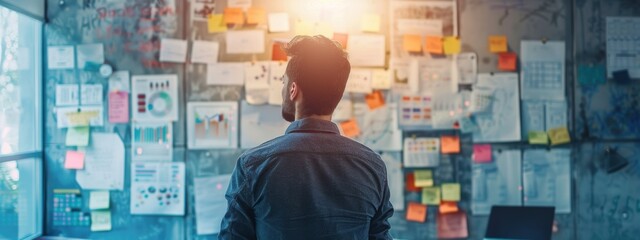 A man is looking at a wall full of papers and sticky notes. The wall is covered in various colored notes and diagrams, and the man is focused on the task at hand. Scene is one of concentration