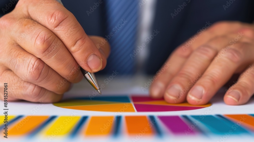 Poster businessman analyzing a colorful pie chart and bar graph data with a pen, focusing on financial anal