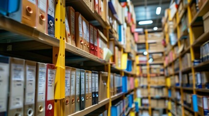 Shelves of neatly labeled corporate documents and contracts in a well-organized archive room