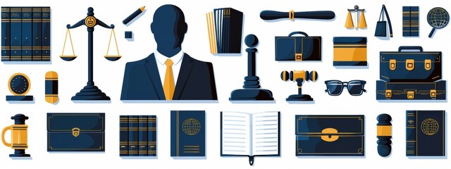 A collection of items related to the legal profession. The image is a collage of various items such as a gavel, a briefcase, a book, a tie, and a clock. Scene is professional and serious