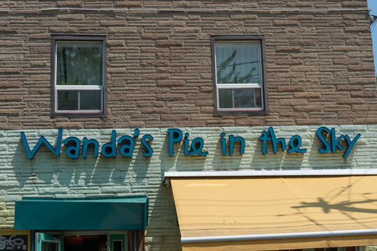 exterior building facade and sign of Wanda's Pie in the Sky, a bakery, located at 287 Augusta Avenue in the Kensington Market area 