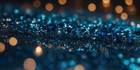Close-up of blue glitter reflecting light, celebratory event.