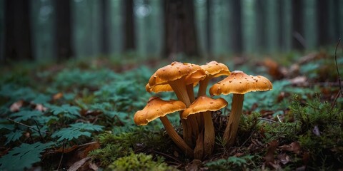 chanterelle mushrooms grow in the forest.