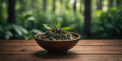 bowl of green tea leaves is presented on a wooden table with a blurred background of a forest.