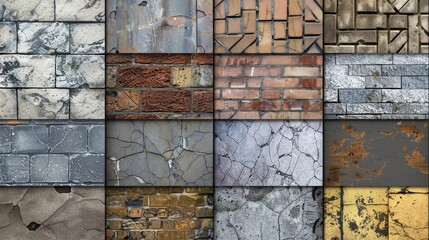 Collage of 16 Distressed Brick and Stone Textures for Backgrounds