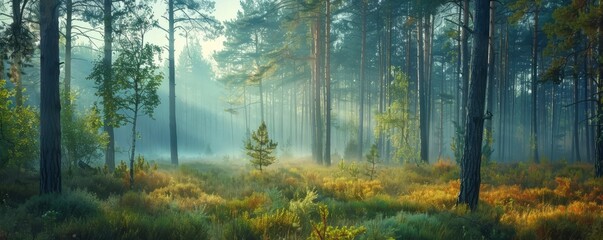 Fototapeta premium A misty morning in a tranquil pine forest.