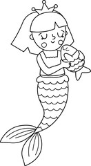 Fairy tale black and white vector mermaid hugging pet fish. Fantasy girl isolated on white background. Fairytale sea princess. Cute siren coloring page. Underwater line icon