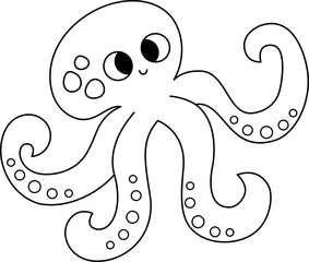 Vector black and white octopus icon. Under the sea line illustration with cute funny ocean animal. Cartoon underwater or marine clipart, coloring page for children
