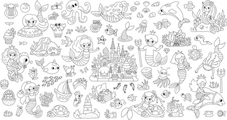 Vector black and white mermaids set. Underwater kingdom collection with princess, fish, castle, seaweeds, animals treasure. Fairytale line characters for kids. Water adventure clipart