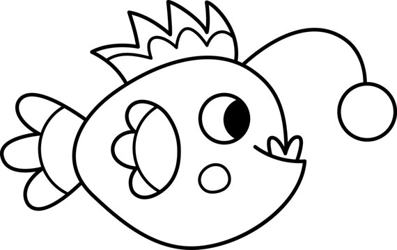 recommend clip art: Vector black and white angler fish icon. Under the sea line illustration or coloring page with cute funny creature with lamp. Ocean animal clipart. Cartoon underwater or marine clip art for children
