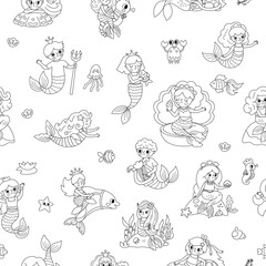 Vector black and white mermaids seamless pattern. Underwater kingdom line repeat background with ocean princess, prince. Cartoon marine fairytale texture for kids. Water adventure coloring page