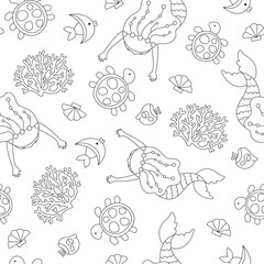 Vector black and white mermaids seamless pattern. Underwater kingdom line repeat background with princess, fish, seaweeds, tortoise, seashell. Marine fairytale digital paper for kids